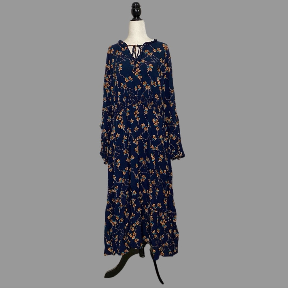 💛22-24💛 Maxi Dress Plus Size Bohemian Floral Print Splice Neck Long Sleeve